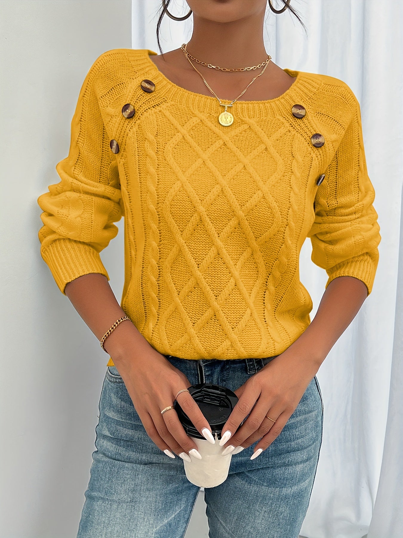 Étoile de paris | Pull décontracté à col carré et boutons sur le devant pour femme