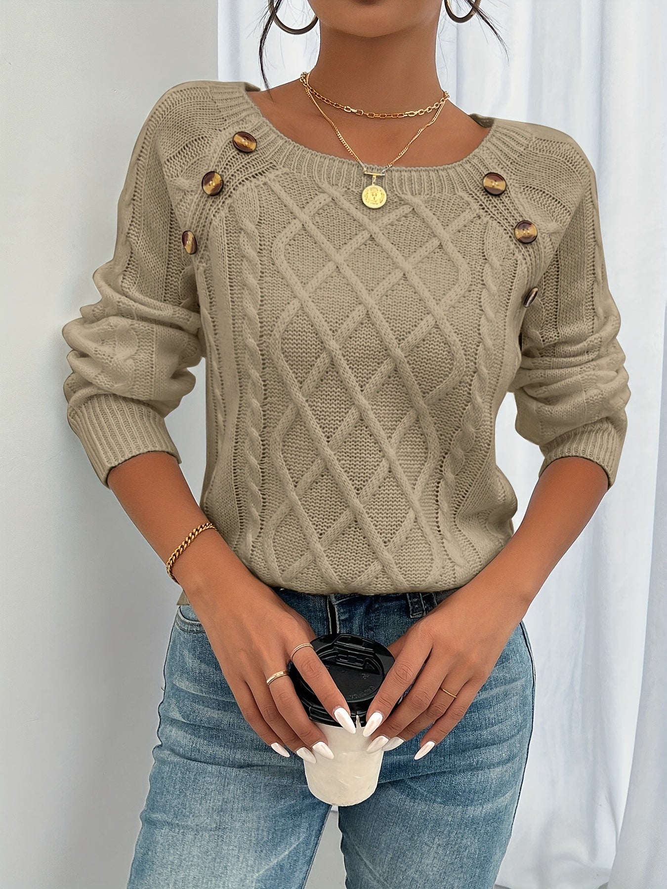 Étoile de paris | Pull décontracté à col carré et boutons sur le devant pour femme