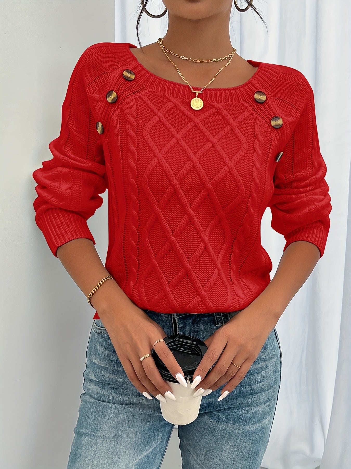 Étoile de paris | Pull décontracté à col carré et boutons sur le devant pour femme