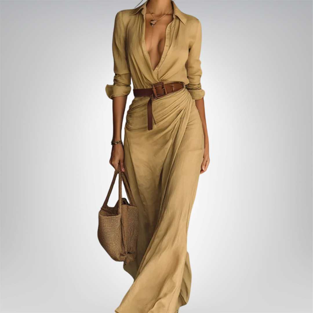 Robe longue ceinturée à manches longues et revers